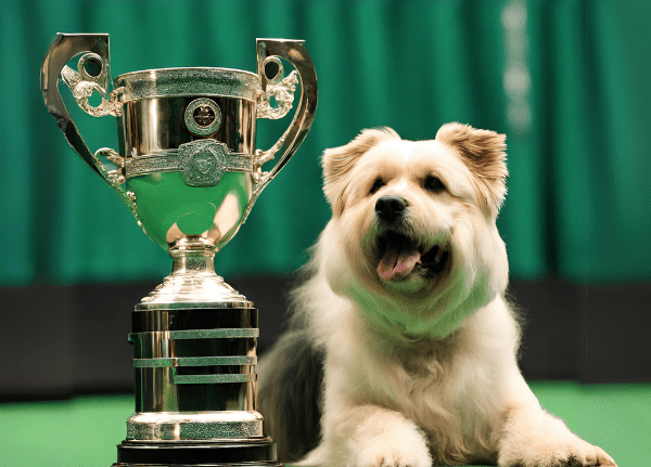 Dog sitting next to a trophy.